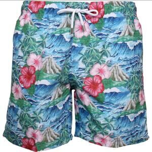FRANKS Oahu Floral Print Swim Shorts Hawaiian Blue/Green/Pink Large Preppy